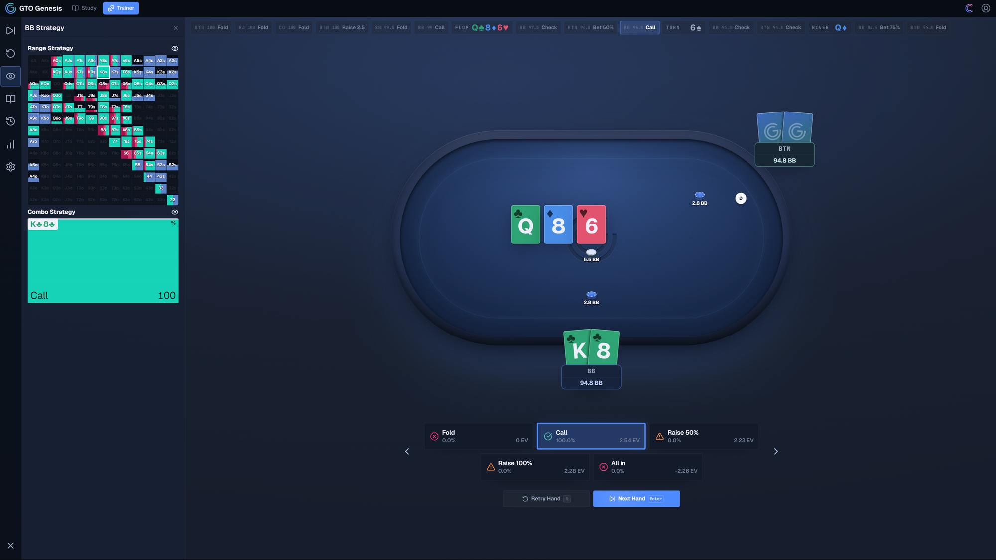 GTO Genesis trainer showing BB holding K8s on a Q86 rainbow flop after facing a BTN c-bet, with call selected.