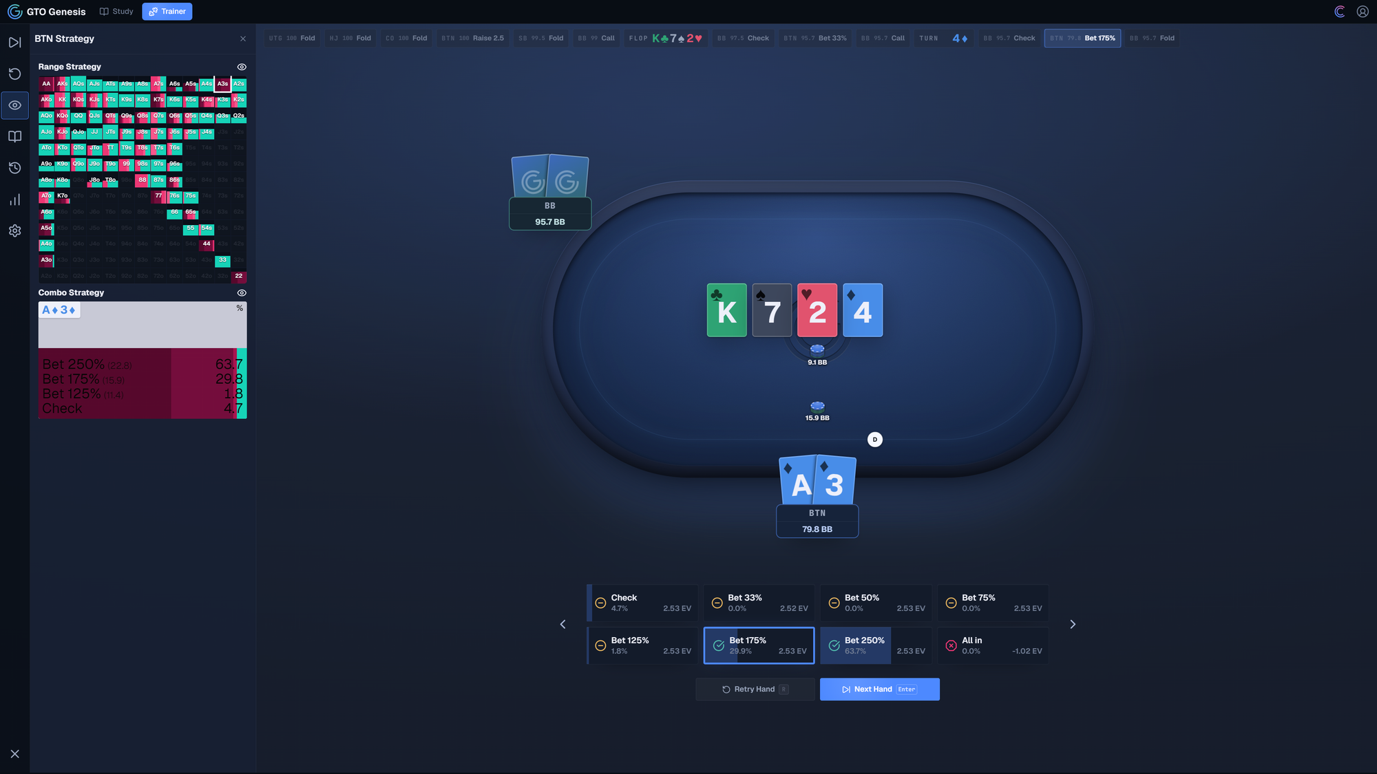 GTO Genesis trainer showing BTN holding A3s on K724 after a flop c-bet, with large turn barrel sizes available.