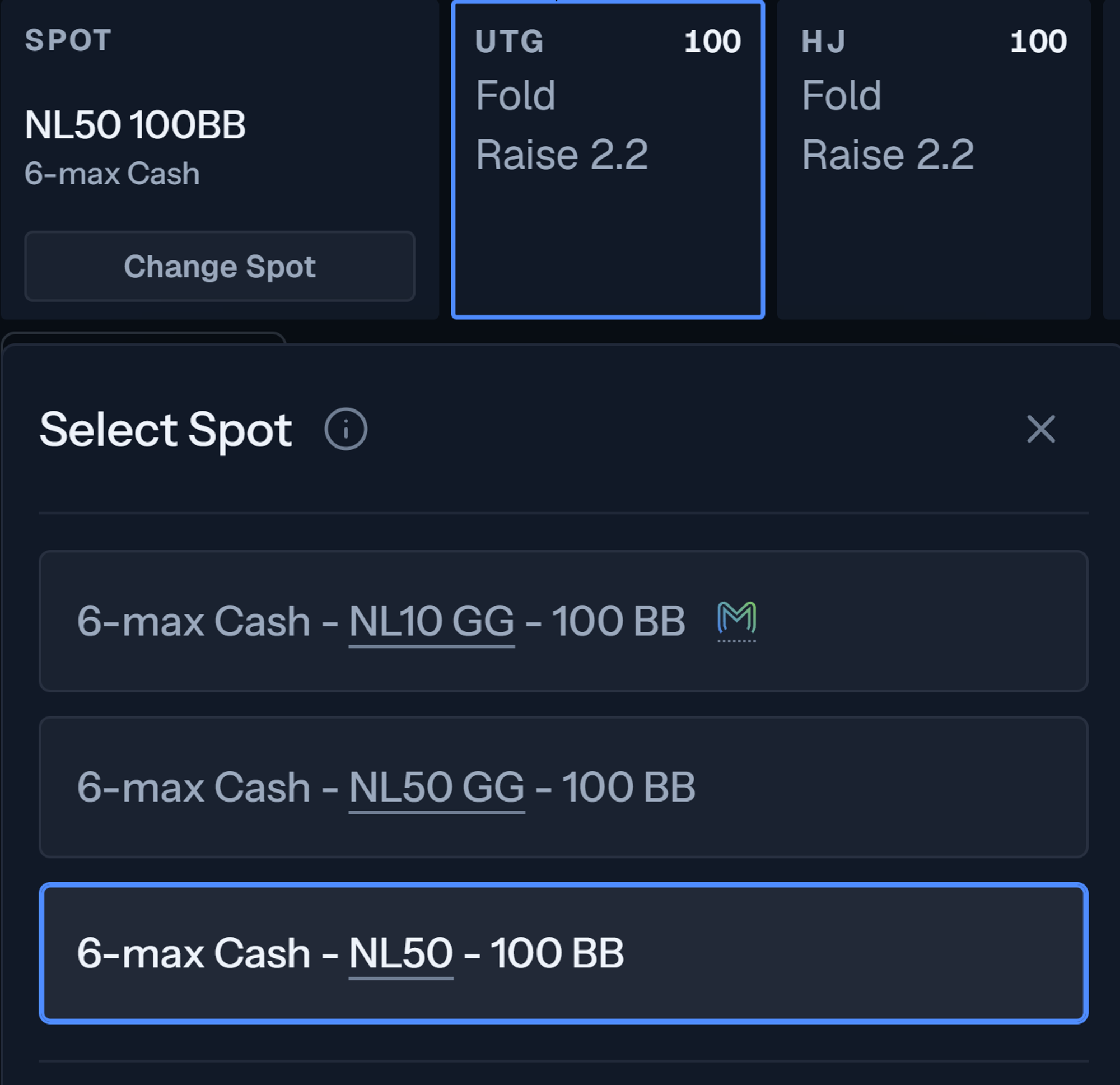 GTO Genesis spot selector showing the 6-max Cash NL50 100 BB option.