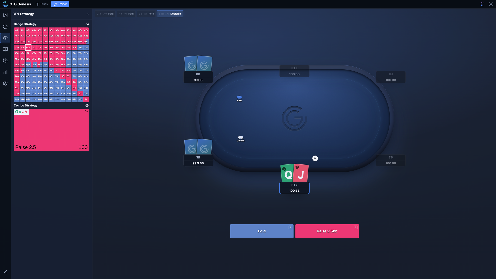 BTN opening range example showing QJo as a pure raise to 2.5bb