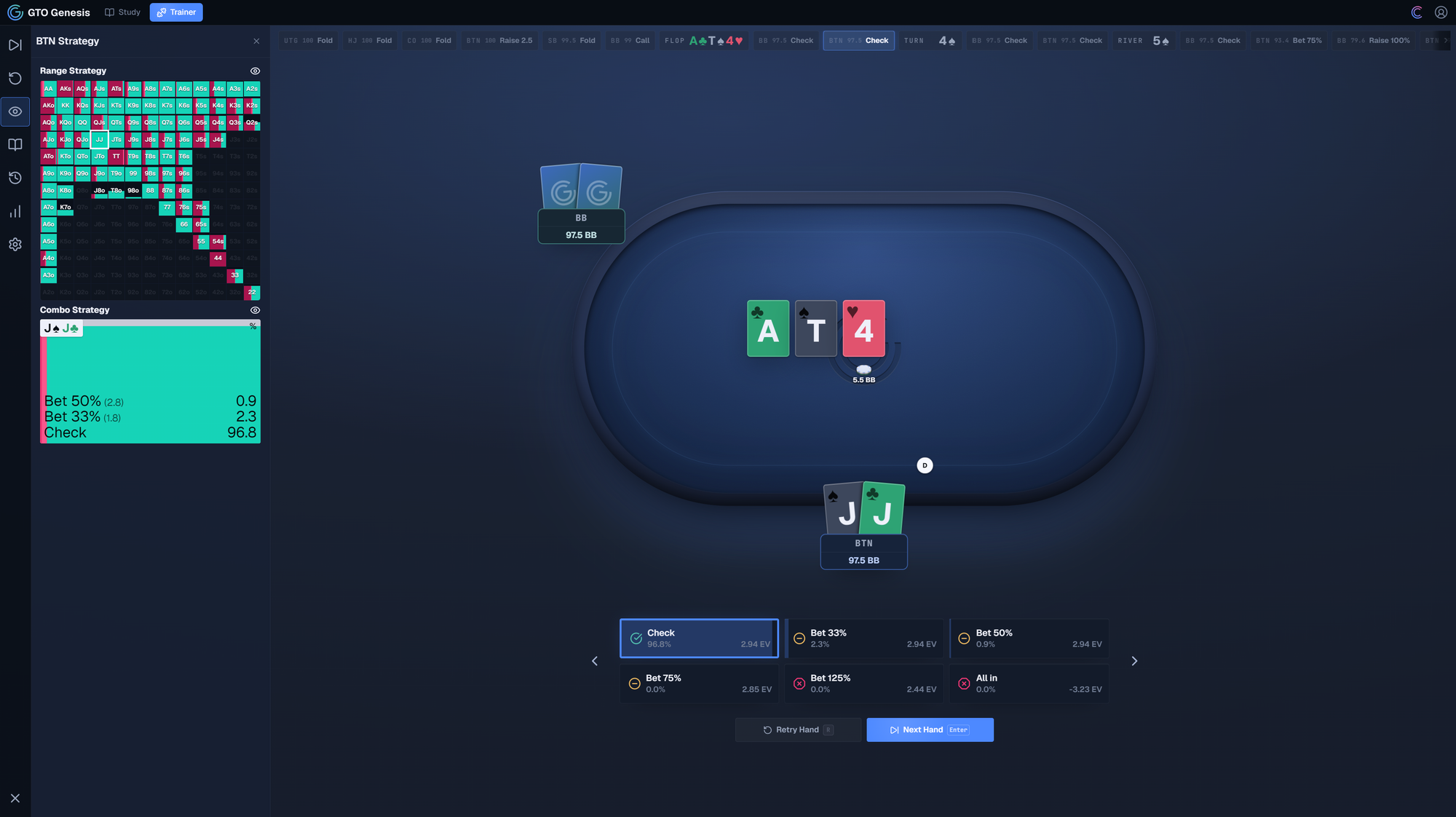 GTO Genesis trainer showing BTN holding pocket jacks on an AT4 flop with a low-frequency betting strategy and check selected.