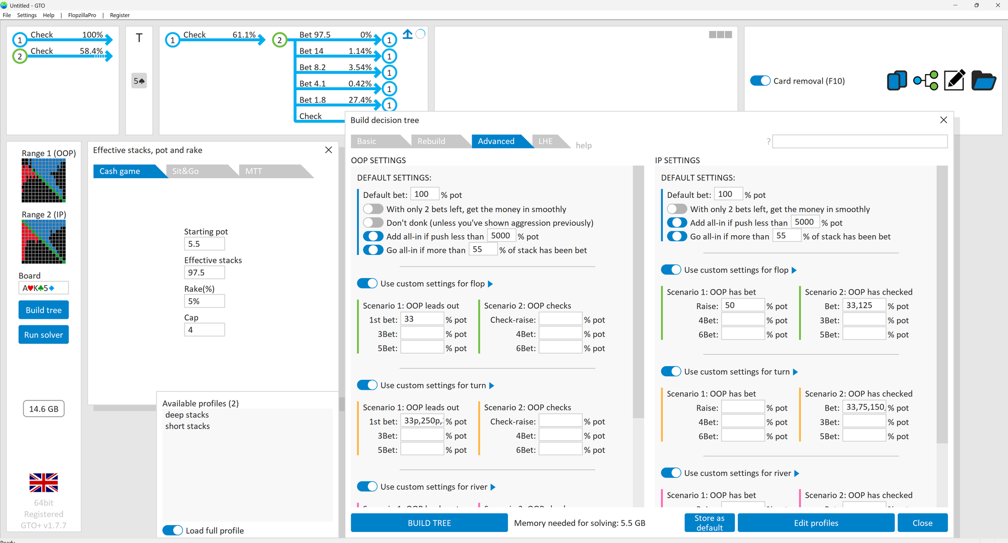 GTO Plus tree builder showing ranges, effective stacks, rake, board cards, and custom bet-size settings for OOP and IP.