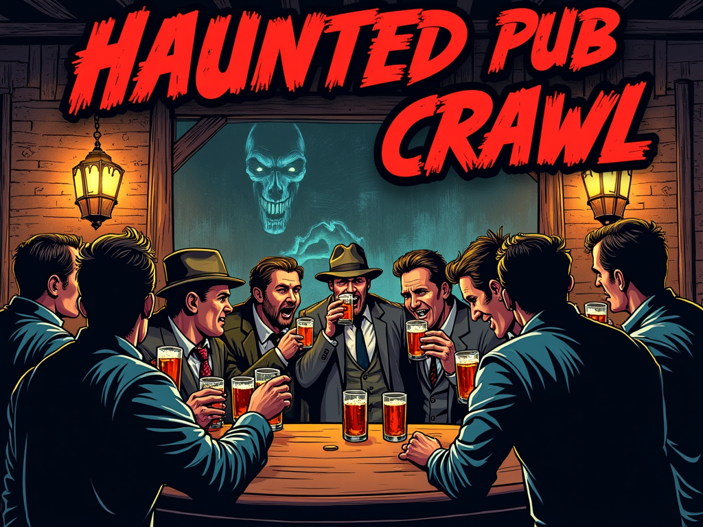 Illustrated vintage-style group of men at haunted pub with ghost