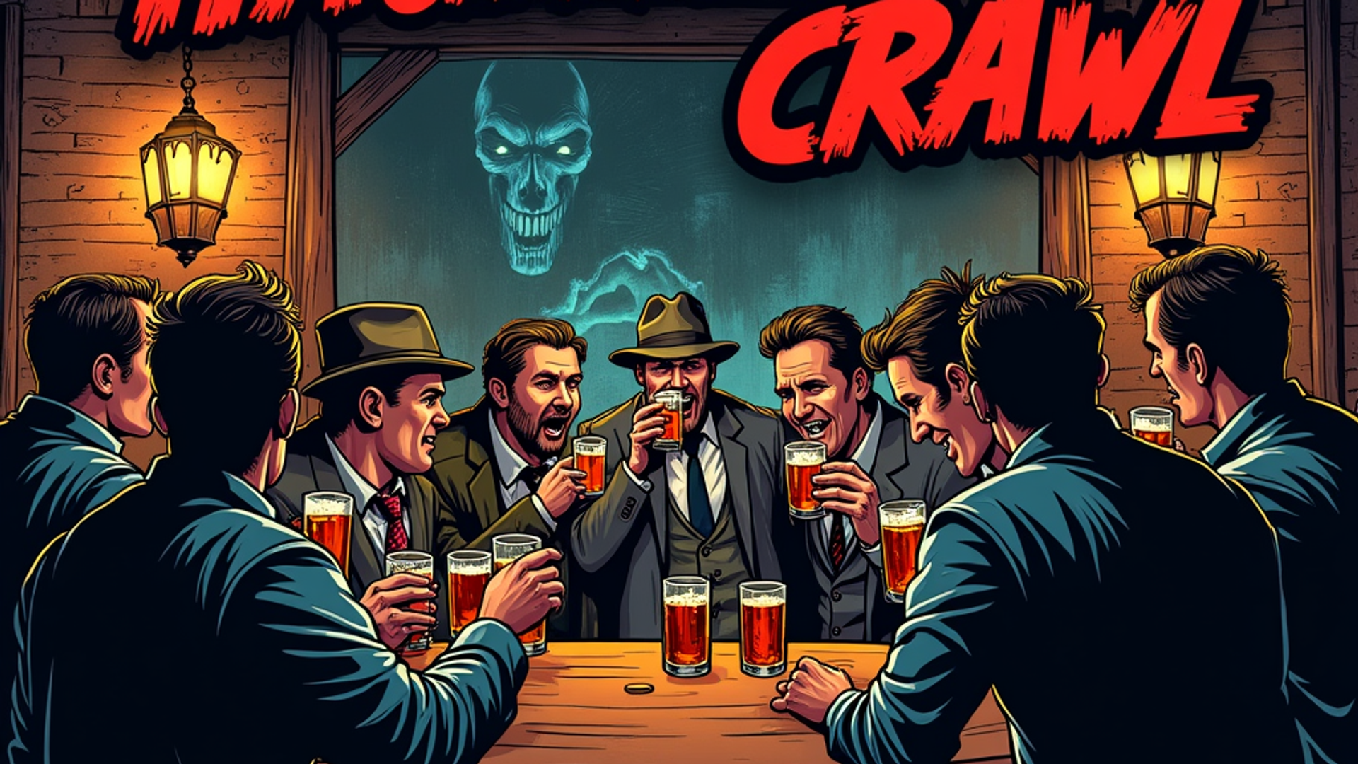 Illustrated vintage-style group of men at haunted pub with ghost
