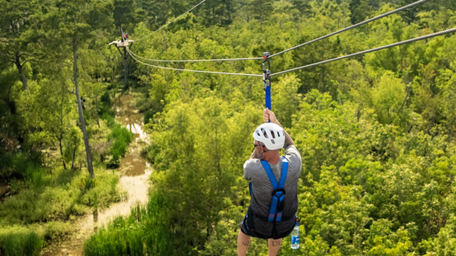 Zipline rider soaring over the Louisiana forest canopy