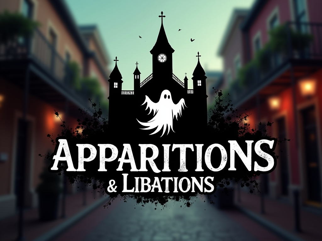 Apparitions and Libations logo with ghost and cathedral silhouette