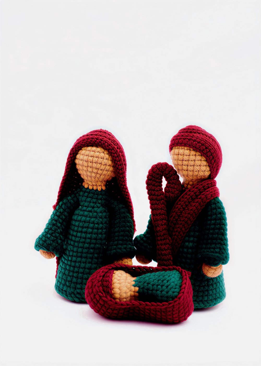 Hand-Crocheted Holy Family Nativity Set (Burgundy & Forest)