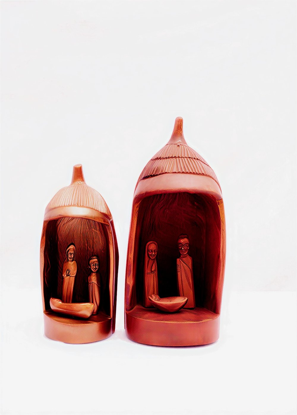 Hand-Carved African Rondavel Thatched Nativity Grottos (Set of 2)