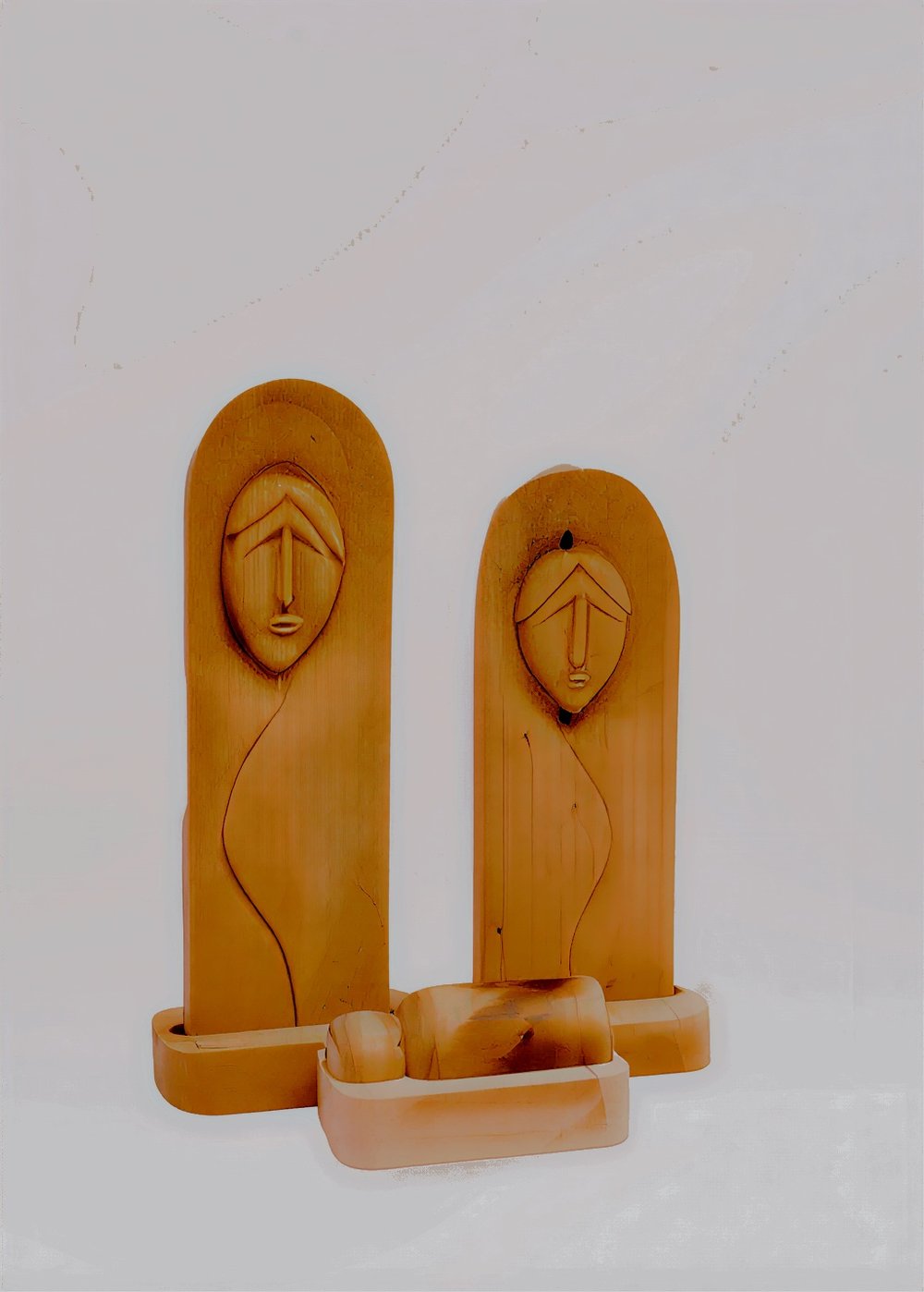 Modernist Blonde Hardwood Arch Relief Nativity Set