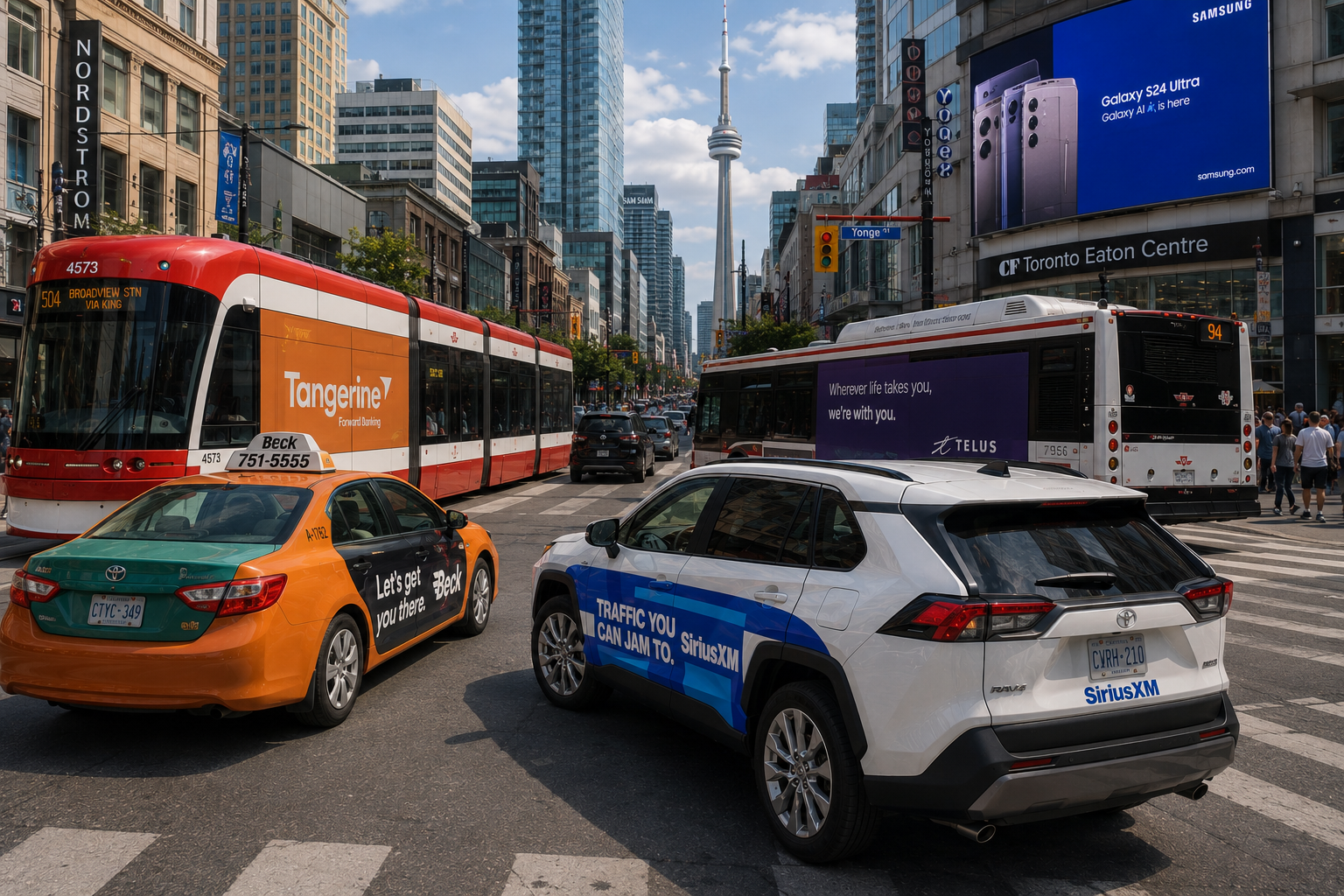 Branded vehicles and transit advertising on a downtown Toronto street