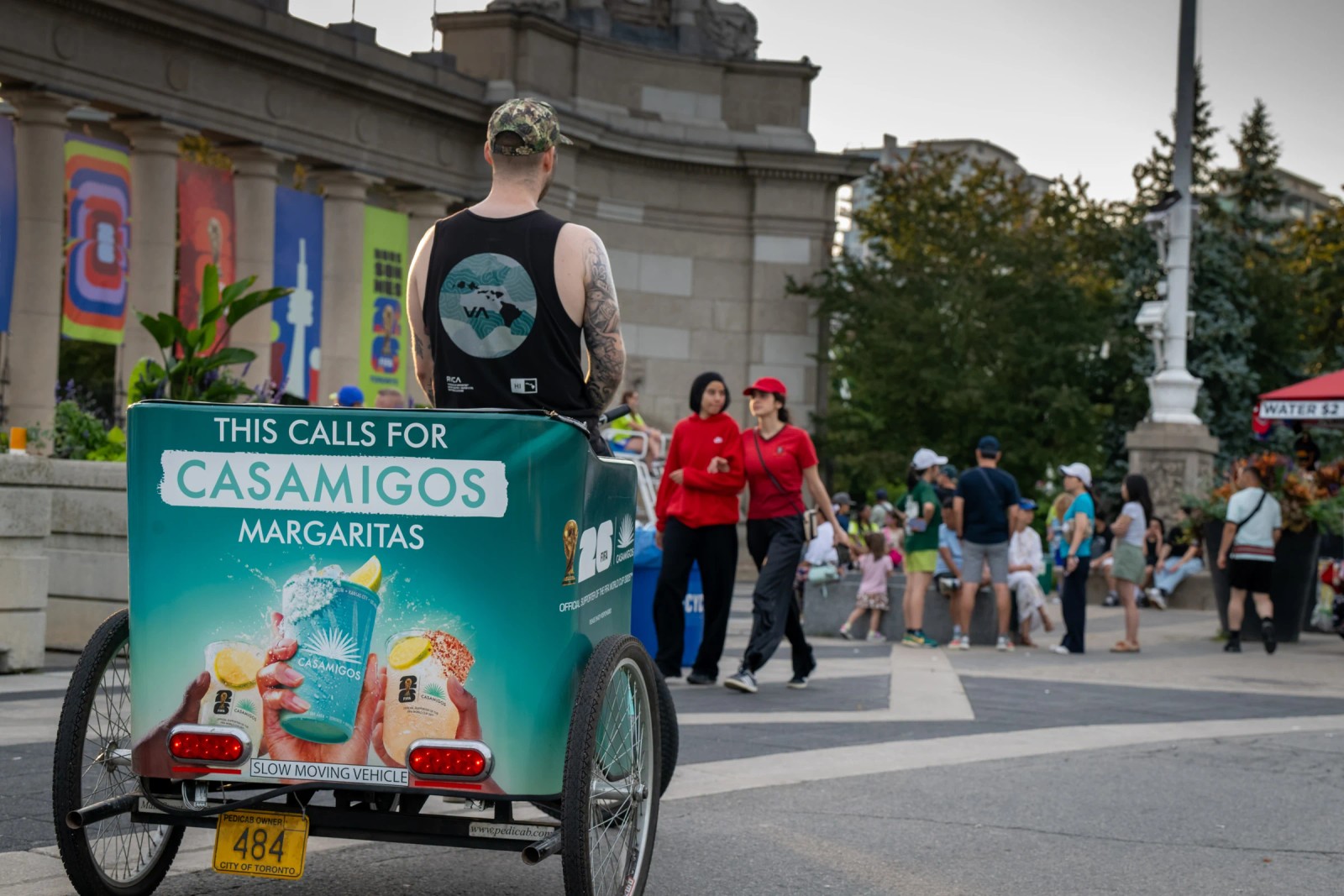 Casamigos branded pedicab outside Exhibition Place in Toronto
