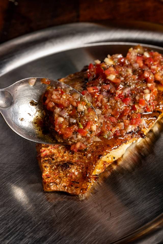 Fire grilled red snapper, sauce vierge