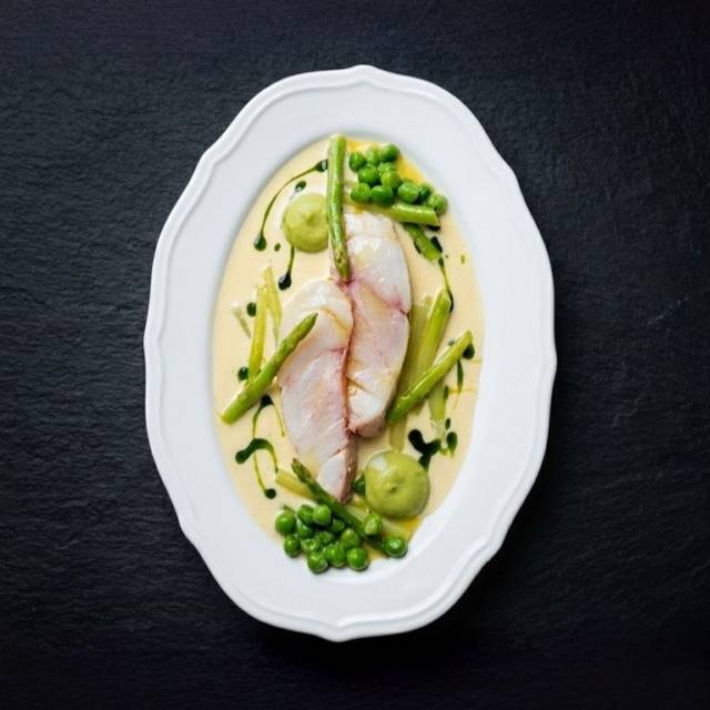 Grouper fish confit, green asperagus, peas, beurre blanc