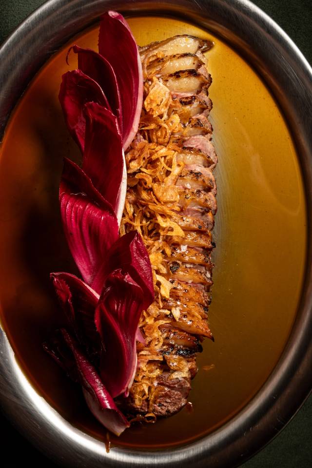 Roast duck breast, onions, red endives