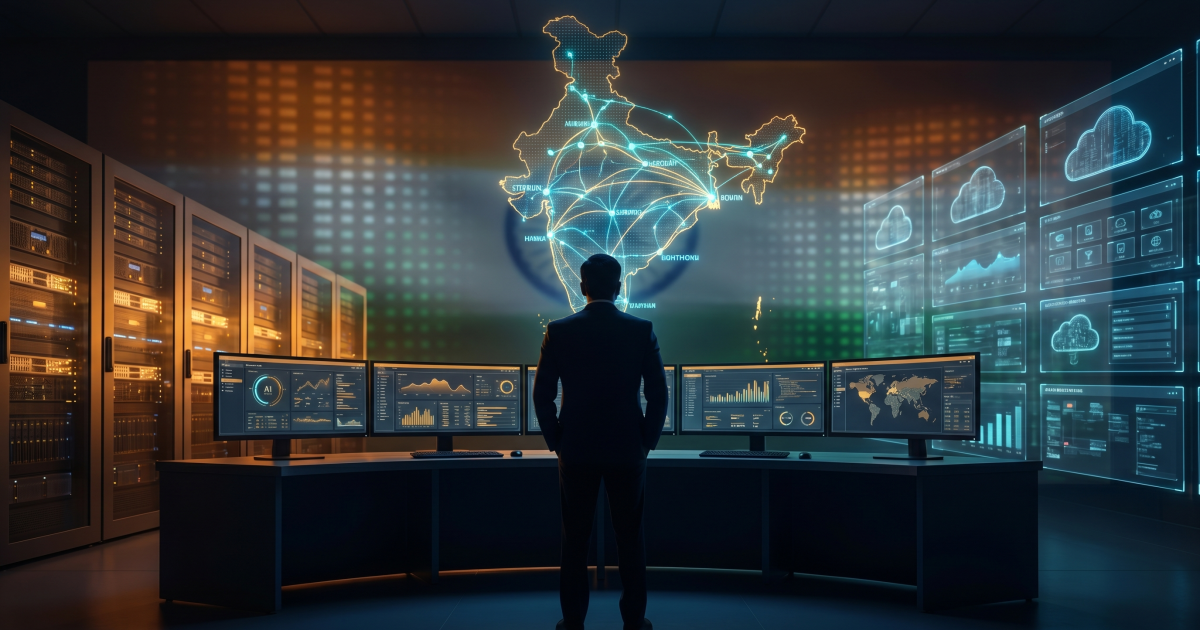 Man in a suit facing a bank of monitors with financial charts beneath a glowing network map of India, server racks to one side