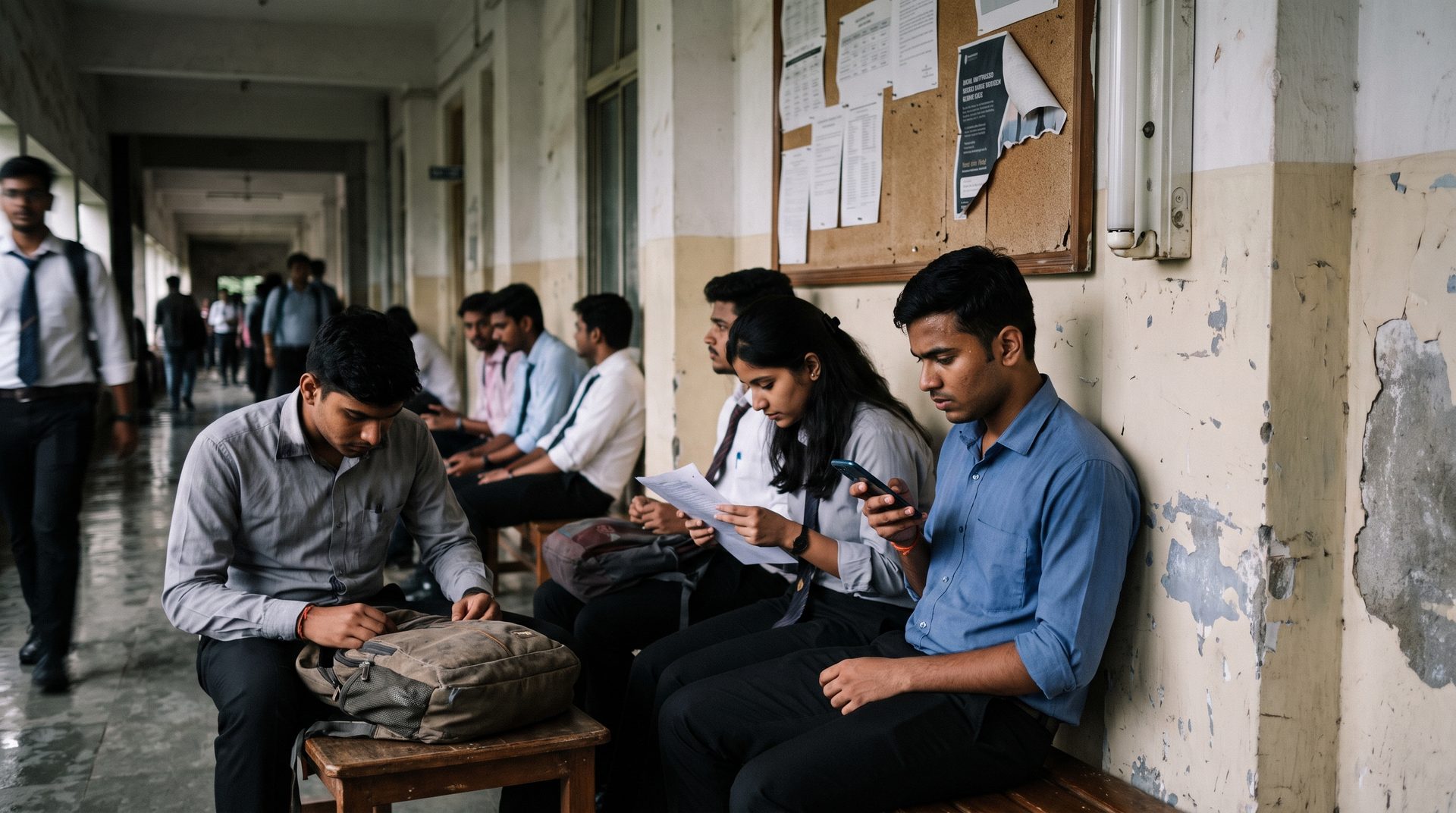 Final-year students in formal shirts holding folders of certificates wait in a Pune college corridor for campus placement interviews, a notice board behind them.