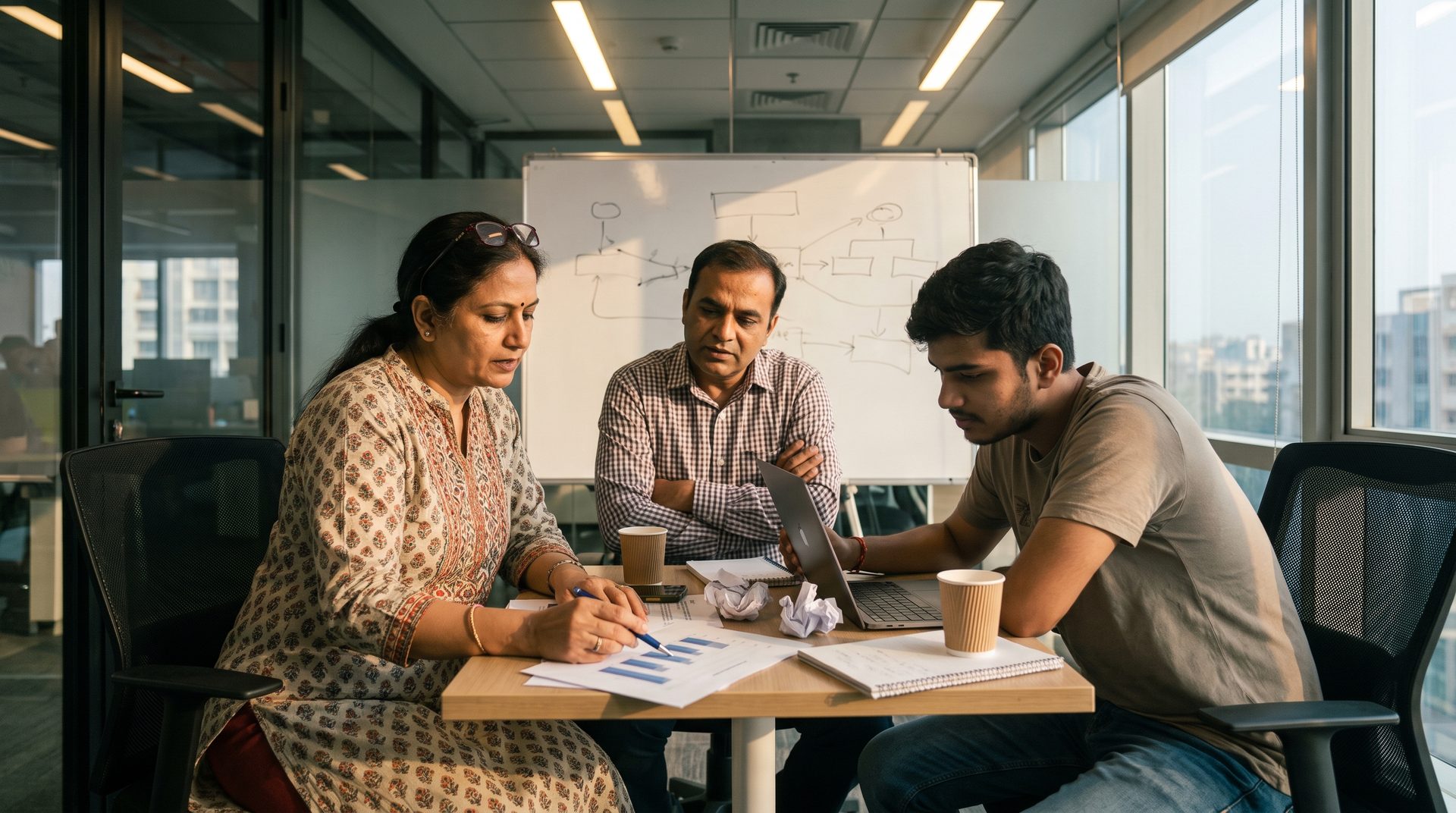 Three professionals in a small Mumbai financial-services meeting room review printed charts and a laptop, a half-erased whiteboard of boxes and arrows behind them.