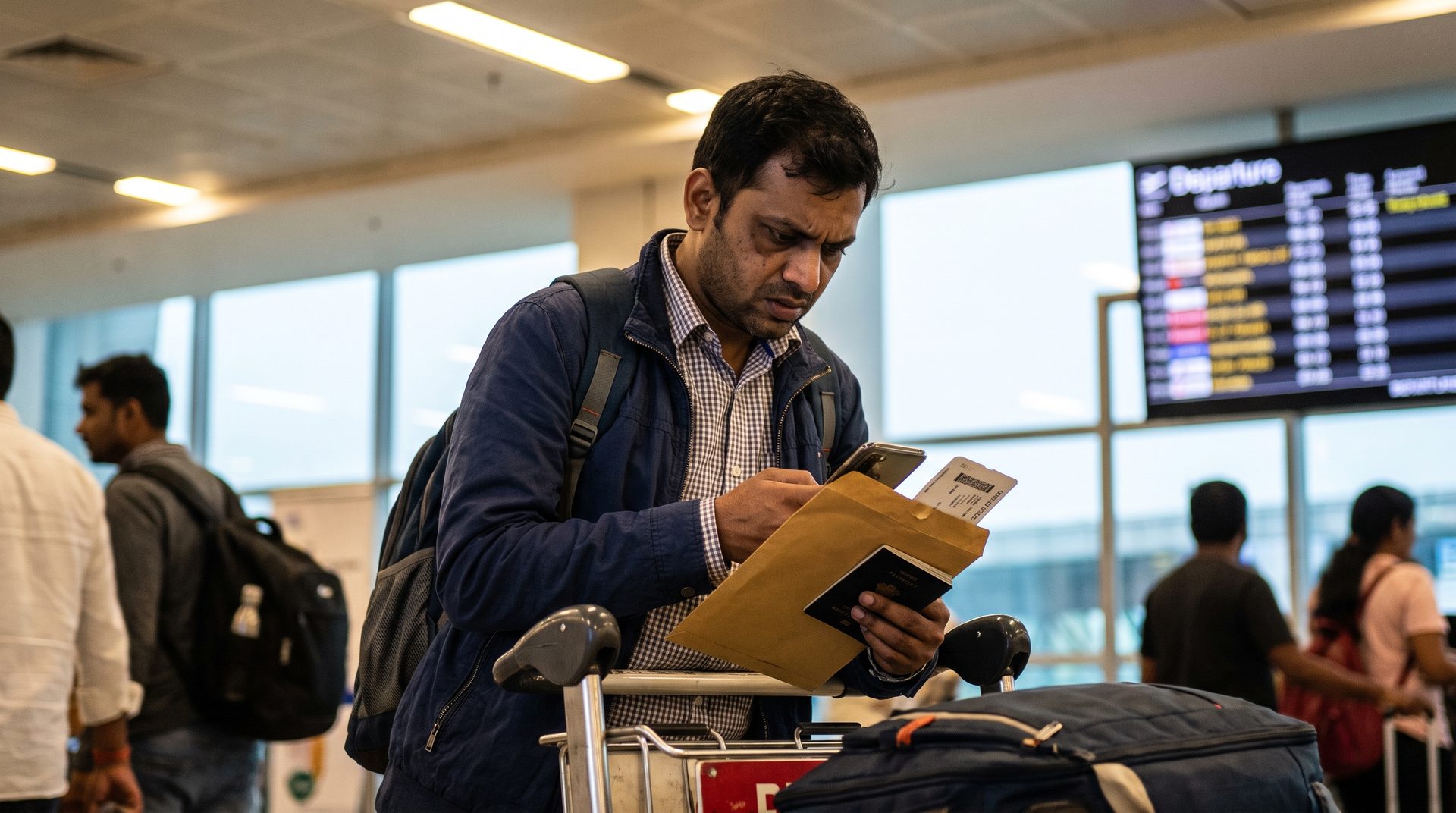 Indian software professional, early thirties, with a luggage trolley in Bengaluru airport's departures hall, holding a passport and document envelope while reading his phone
