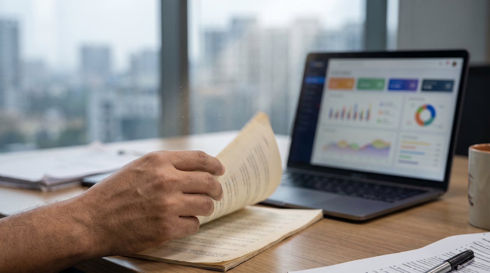 A hand turning the page of a printed compliance report beside a laptop showing a data dashboard, in a modern office overlooking a city skyline
