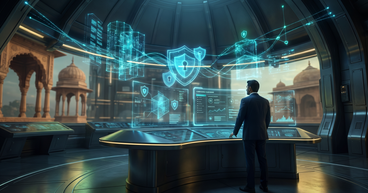 Man in a suit at a control console beneath holographic padlock-shield icons and compliance dashboards, Mughal-style domes and arches beyond the windows