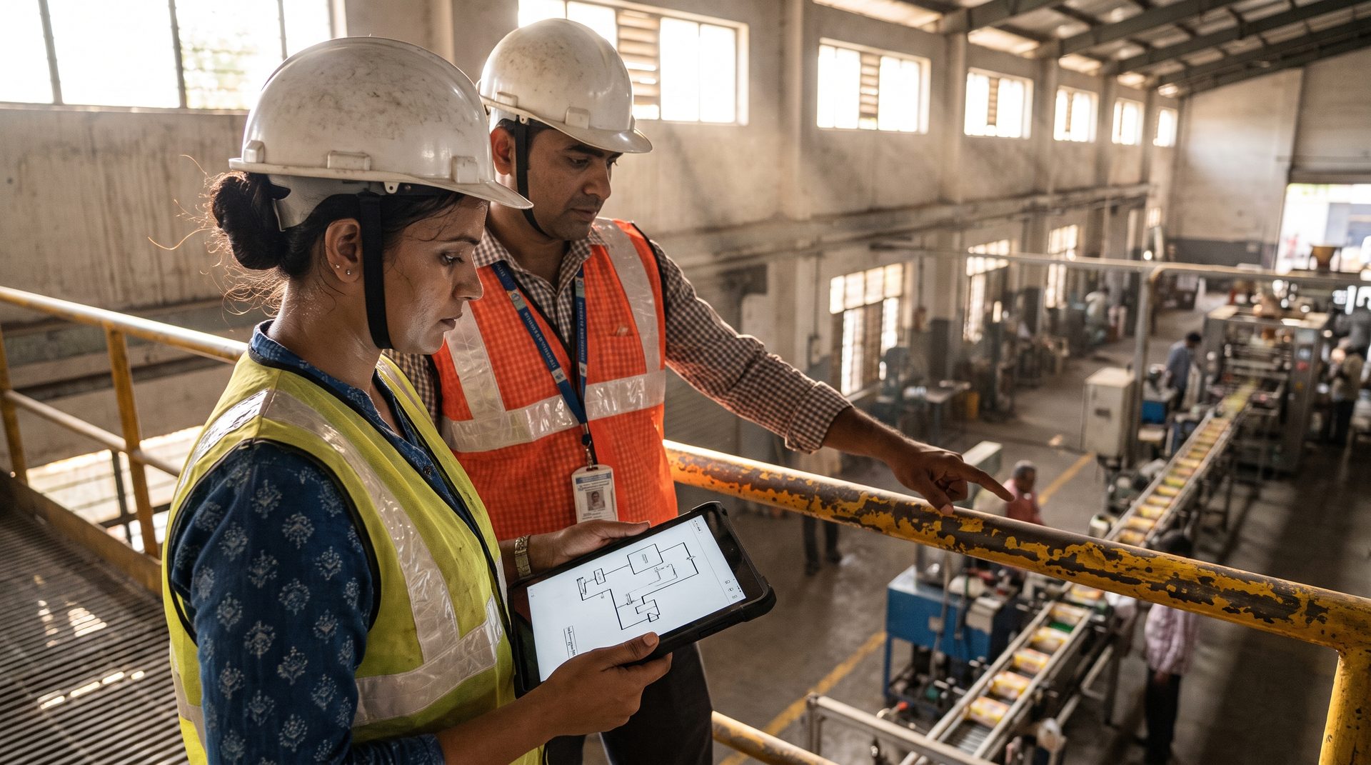 Two engineers on a factory walkway in Gujarat reviewing a plant schematic on a tablet above a running packaging line