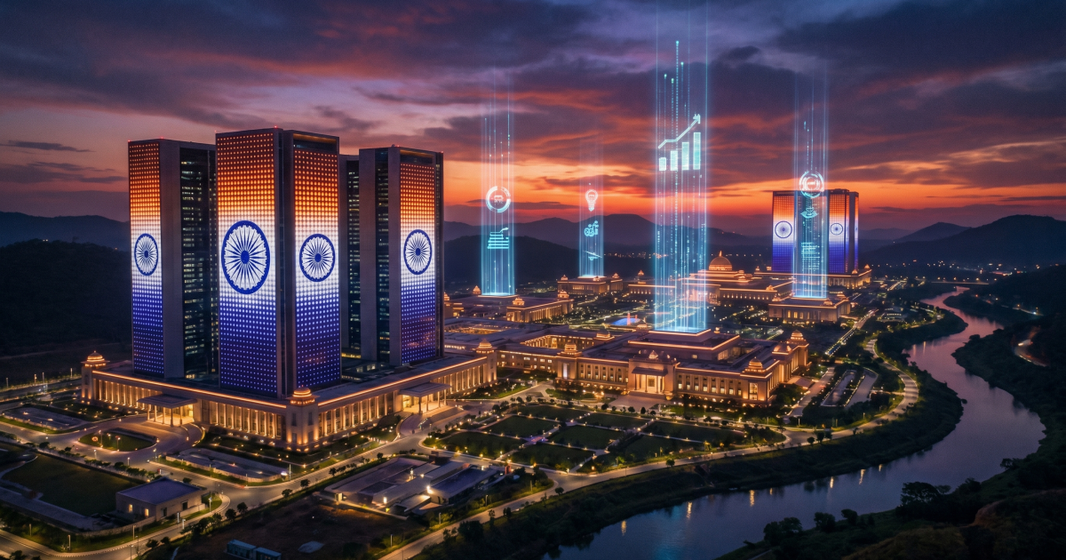 Illustrated government campus at dusk beside a river, towers lit with the Ashoka Chakra and light beams carrying AI and data icons