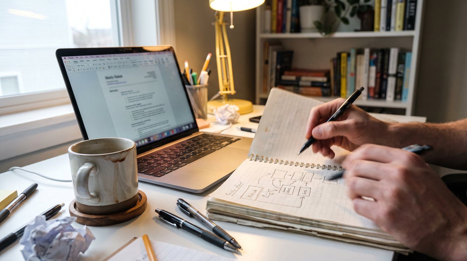 A hand sketching a business idea in a notebook next to a laptop with a resume open, on a home desk with coffee and pens