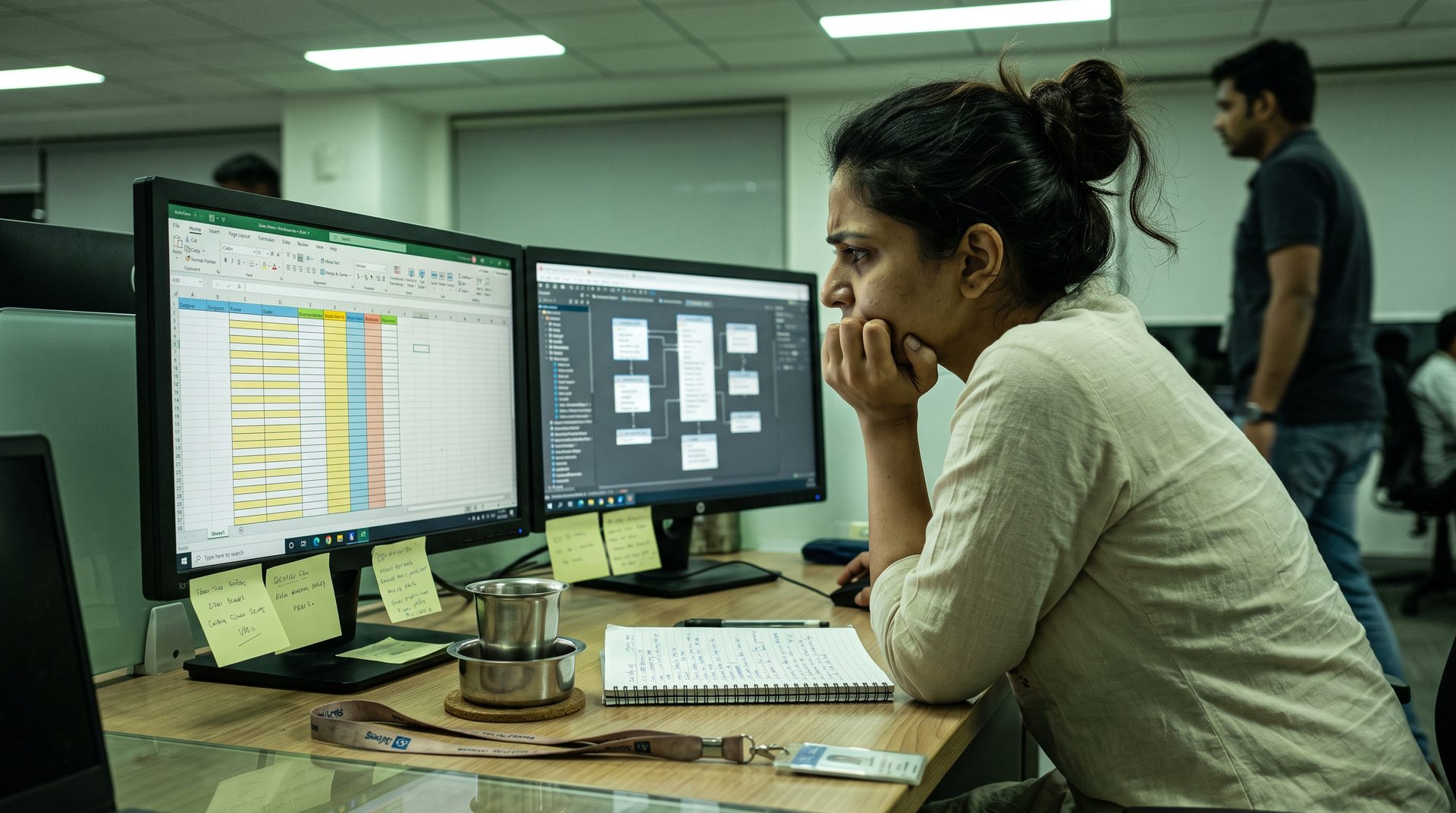 Data engineer at a Bengaluru office desk, two monitors showing a patchy spreadsheet and database schema, sticky notes, a steel tumbler of filter coffee