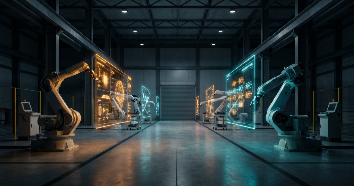 Robotic arms on either side of an empty factory floor, each beside a glowing floating workflow display, leading to a closed shutter door