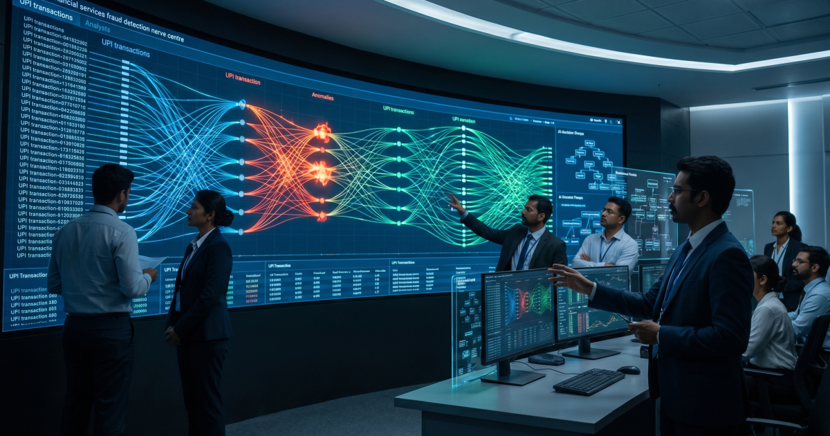 Analysts in a fraud-detection control room study a curved video wall mapping UPI transaction flows, with flagged anomalies highlighted in red