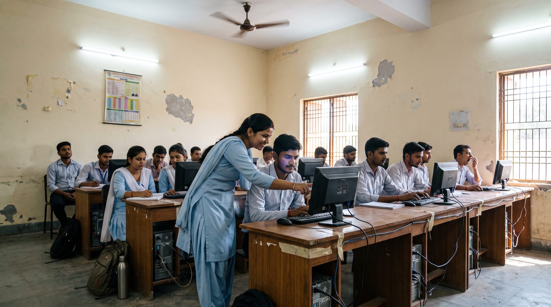 Students in their early twenties at desktop computers on worn desks in a Lucknow training classroom, one leaning towards a classmate's screen, ceiling fan above.