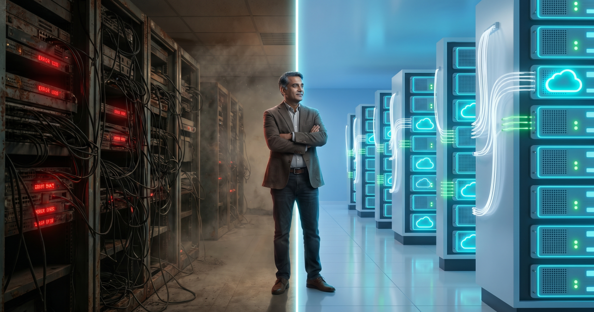 Man in a blazer standing between a smoky, tangled legacy server room with red error lights and a clean, blue-lit modern cloud data centre