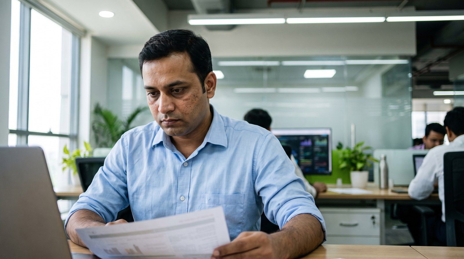 Indian cybersecurity compliance professional reviewing regulatory documents in a modern Noida office