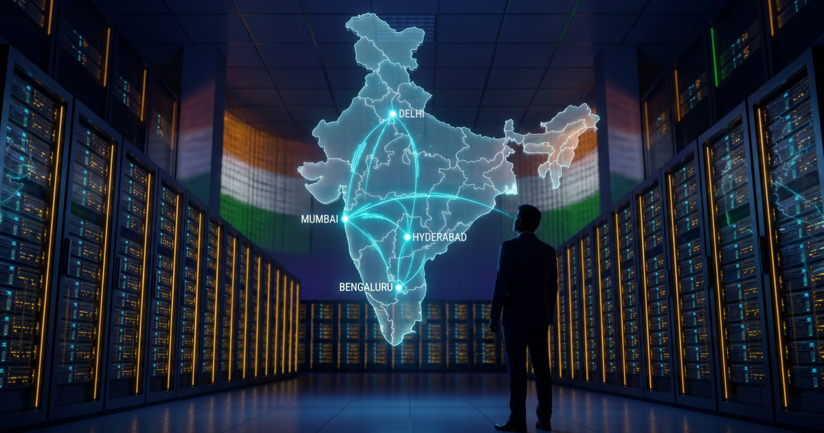 Man in a suit looking up at a glowing map of India linking Delhi, Mumbai, Hyderabad and Bengaluru inside a data centre, a tricolour backdrop behind