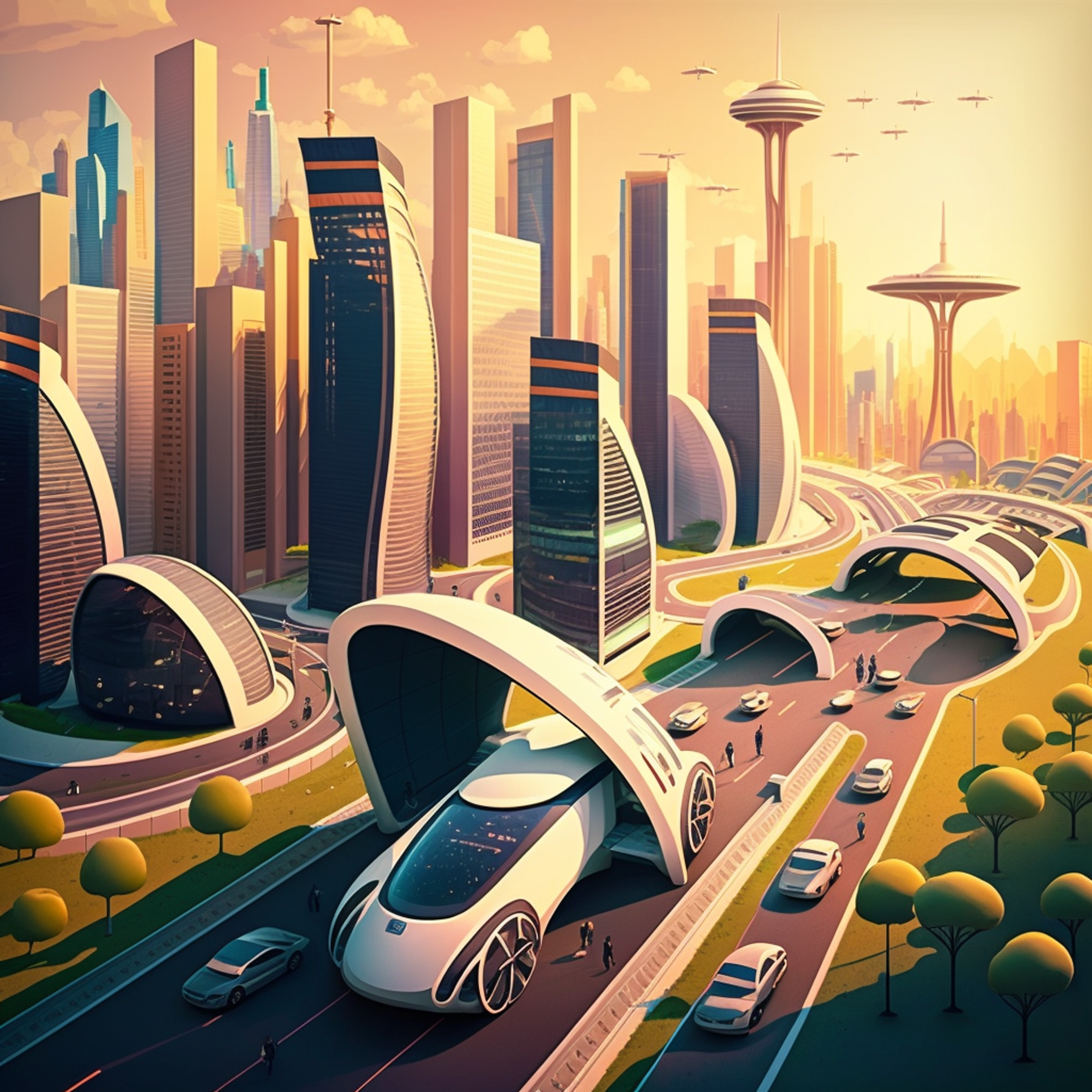 The image is a futuristic rendering of a city skyline with sleek, modern buildings and a network of transportation infrastructure. In the foreground, there are several electric vehicles, including cars and buses, driving on a highway that is elevated above the city streets. In the background, there are several autonomous vehicles driving on their own, while a hyperloop tube snakes through the city skyline, transporting passengers at high speed. The overall tone of the image is one of excitement and progress, with a focus on the possibilities of technology to transform the way we travel and live.