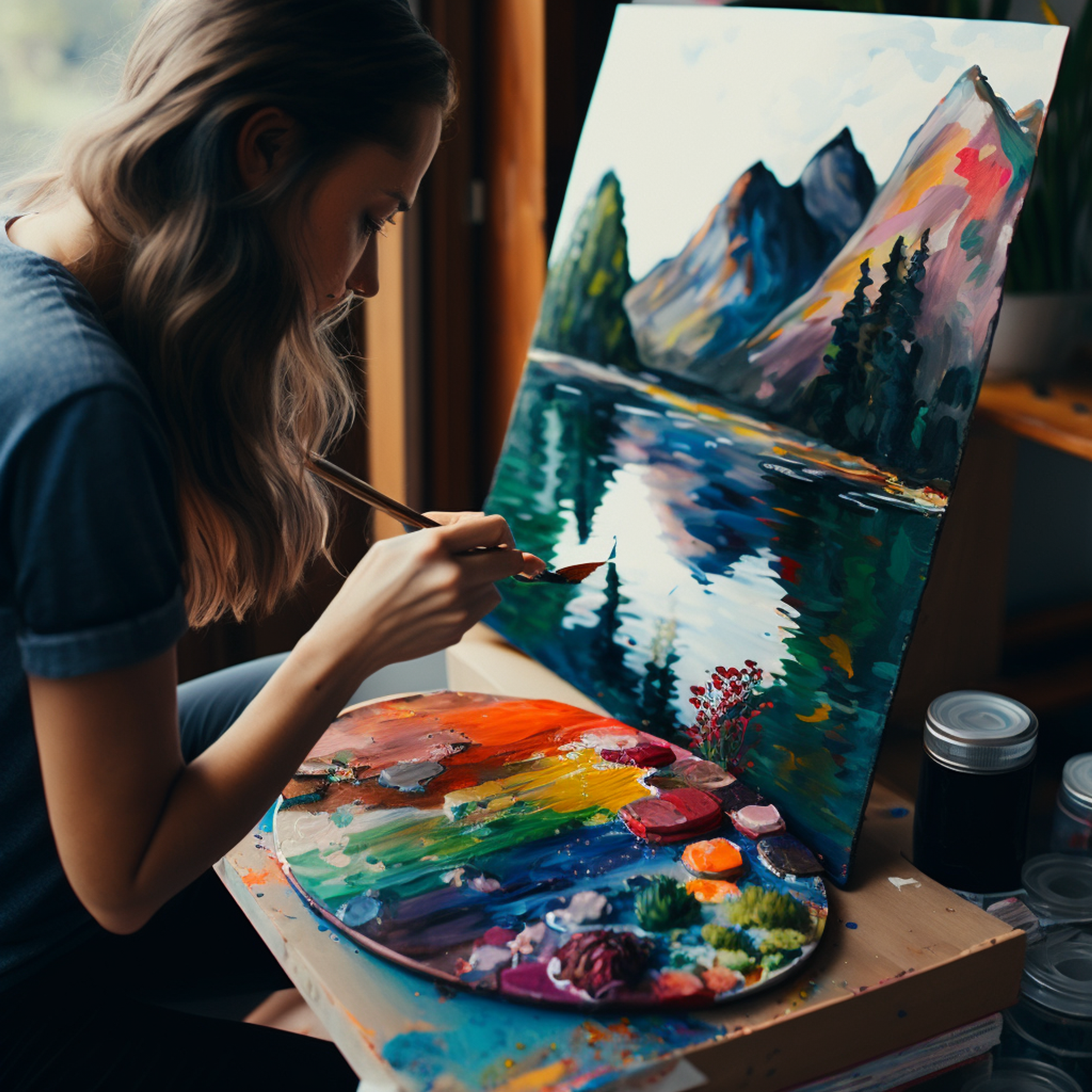  An image of a person painting on a canvas with a palette of colorful paints on the side. The painting depicts a landscape with vibrant colors and brushstrokes.