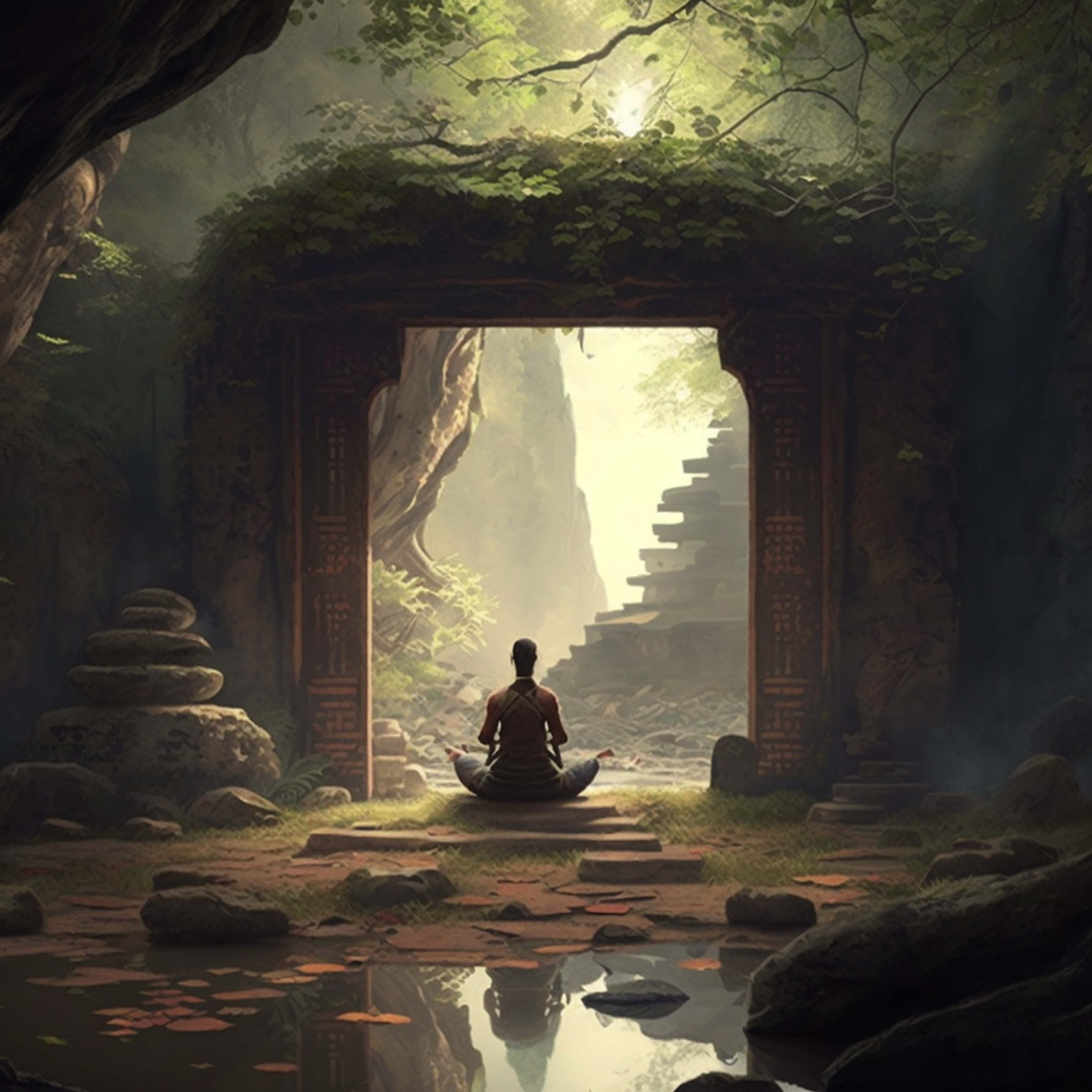 a person meditating in a peaceful and calming environment, such as a serene nature setting