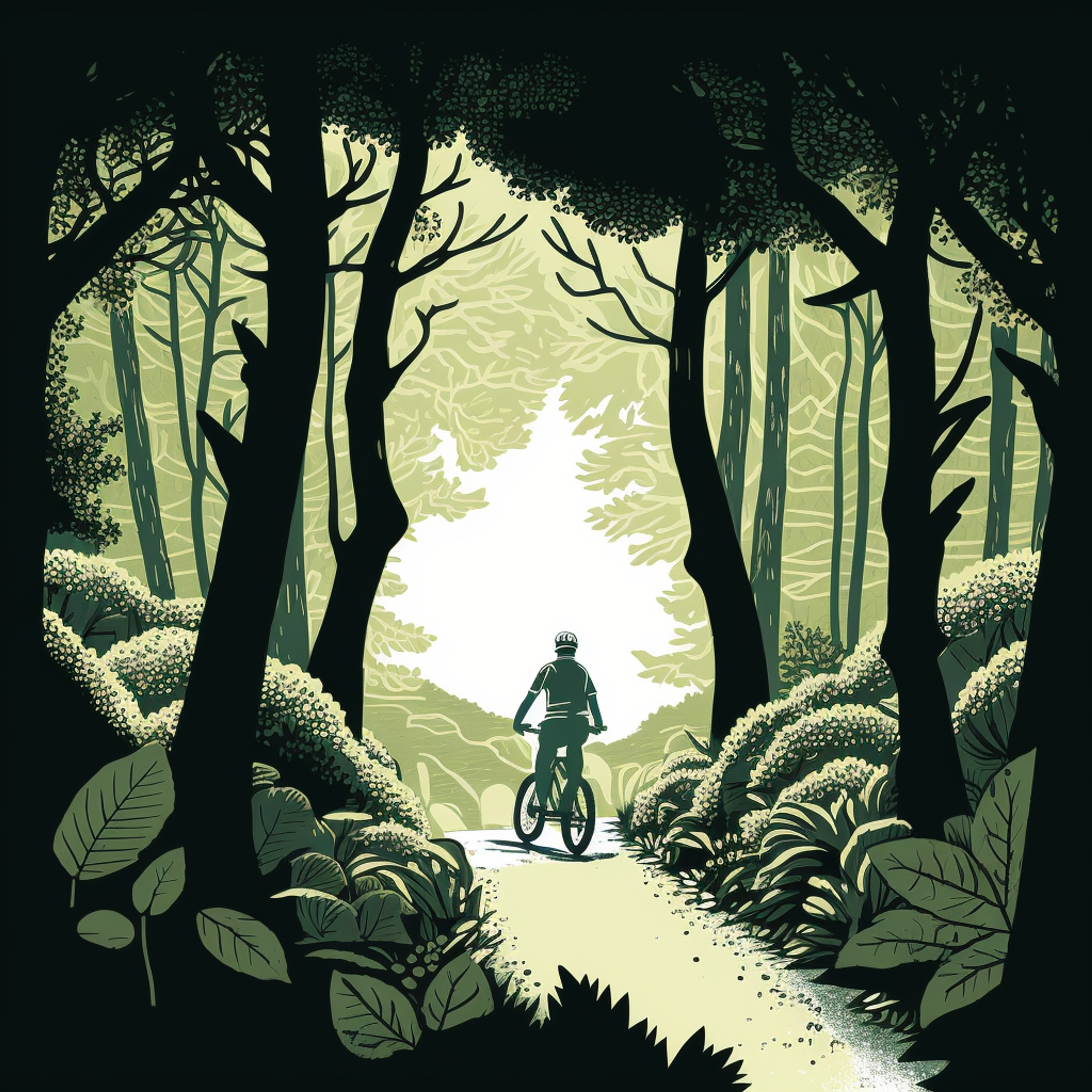 a person riding a bicycle or walking on a nature trail surrounded by trees and greenery.