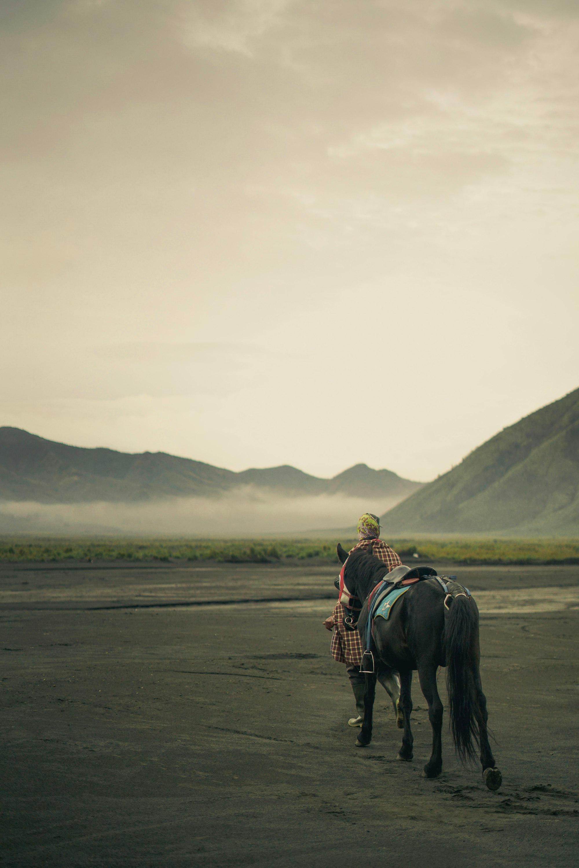 Penunggang kuda di savana lautan pasir Bromo