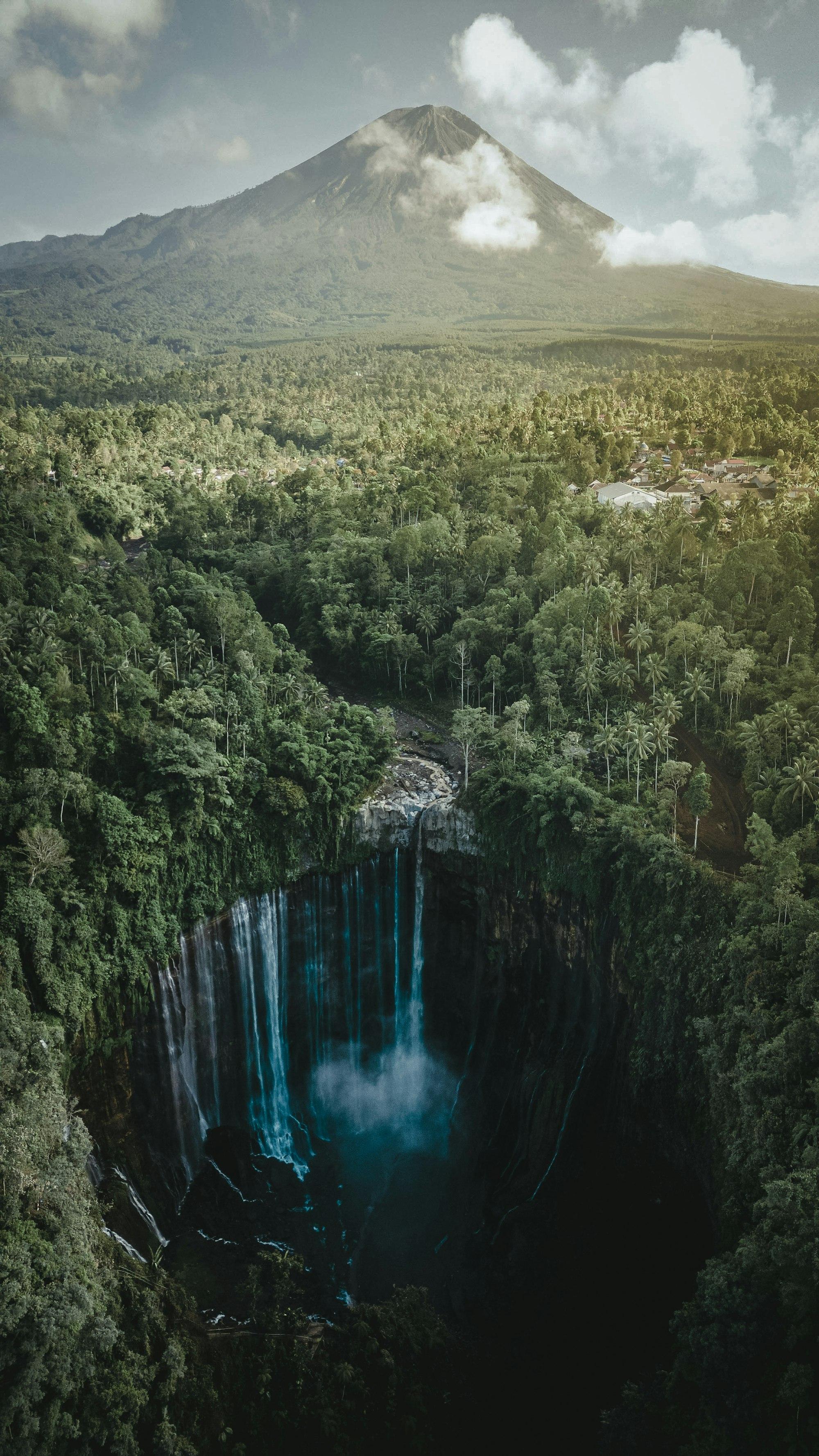 Hutan lebat menaungi lembah Tumpak Sewu dari udara