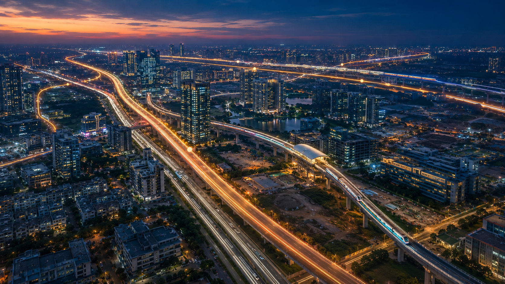 Aerial view of Gurgaon infrastructure corridors and metro construction shaping property prices through 2030
