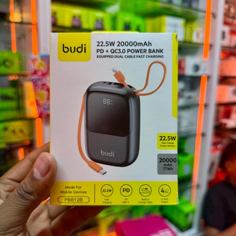 Budi 22.5W Powerbank with attached type C and iphone cable portable