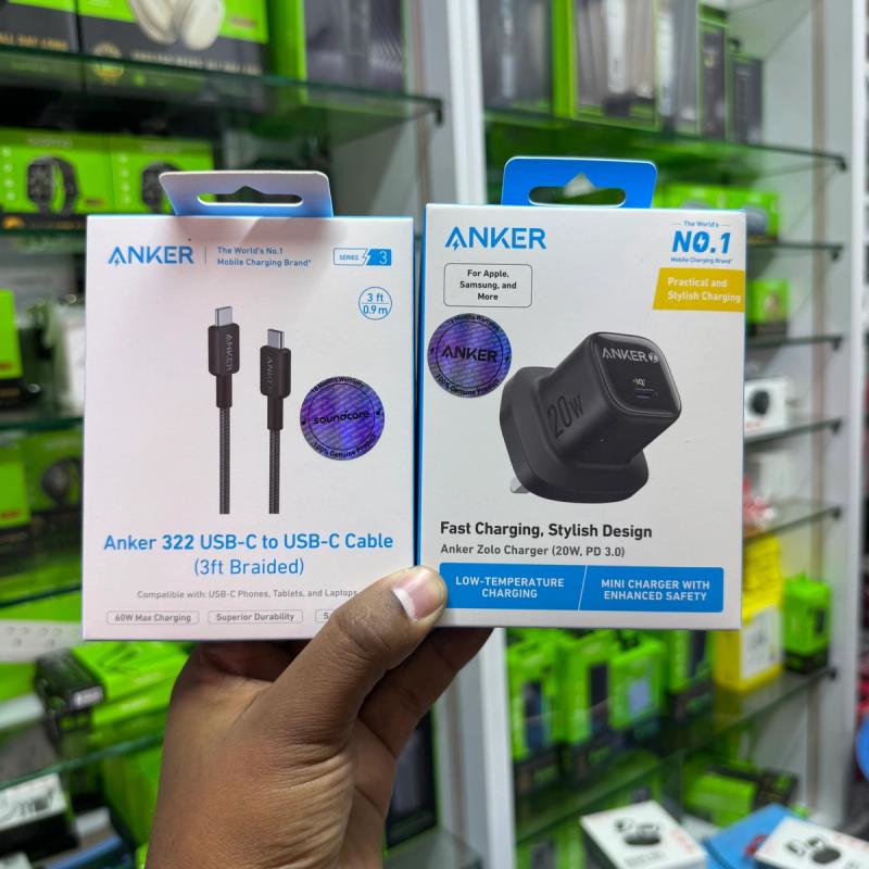 Full iphone Charger Set (Anker Zolo 20W Charger + Anker Type C to iPhone Cable)