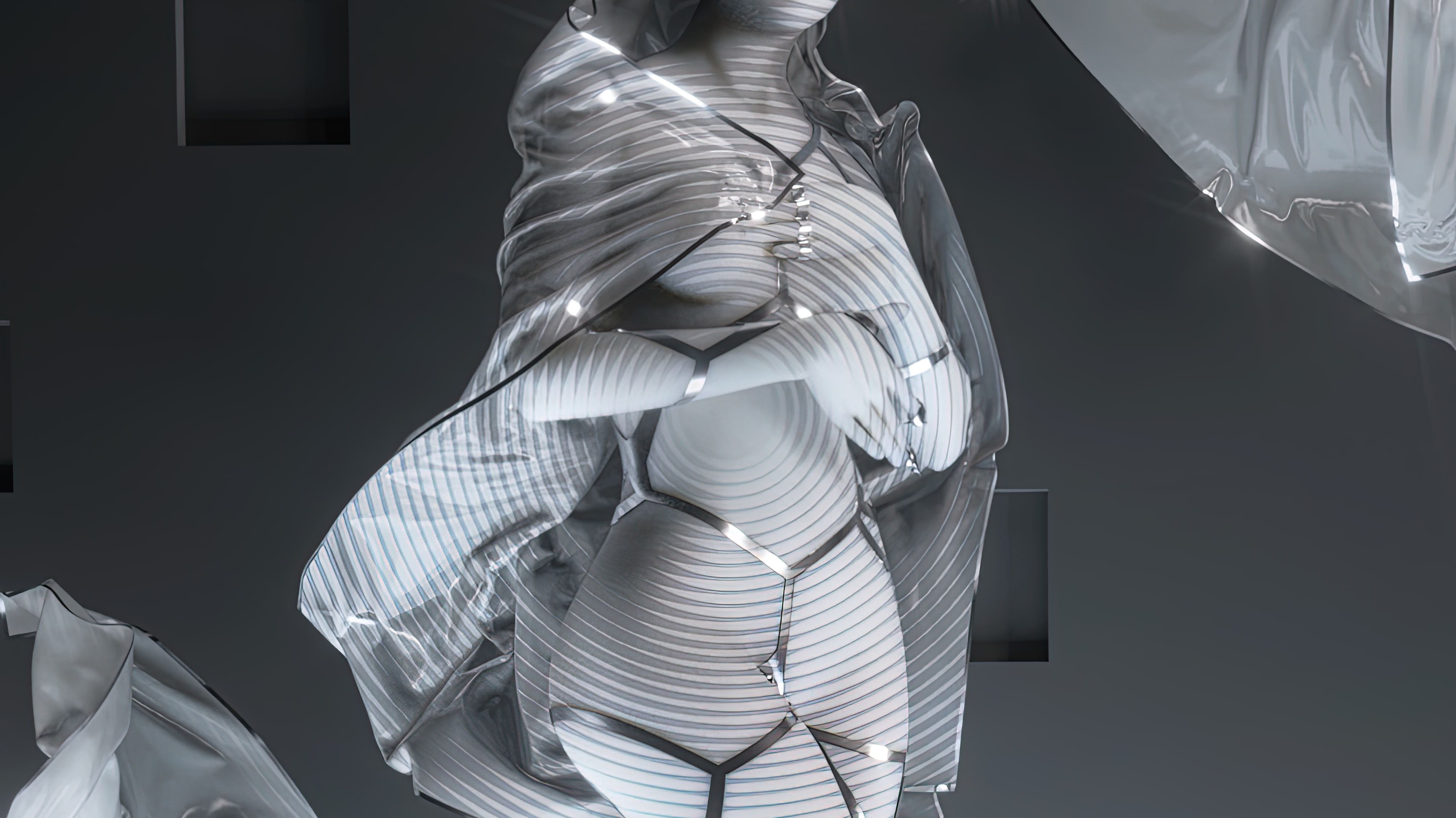 A manikin-like 3D render covered in digital clothing