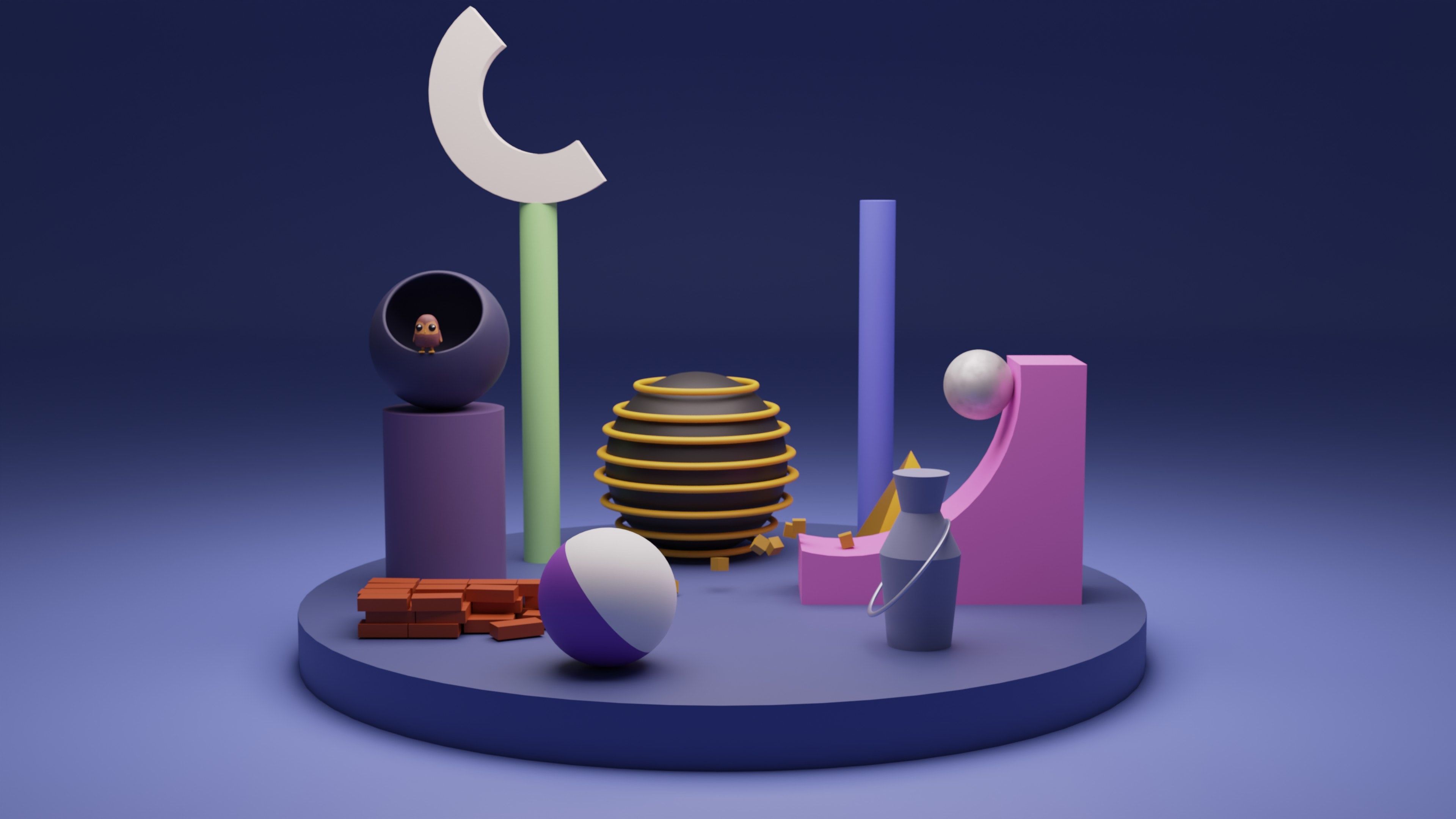 A 3D rendering of multiple colourful objects in a which include balls, a bird, pillars, and a moon.