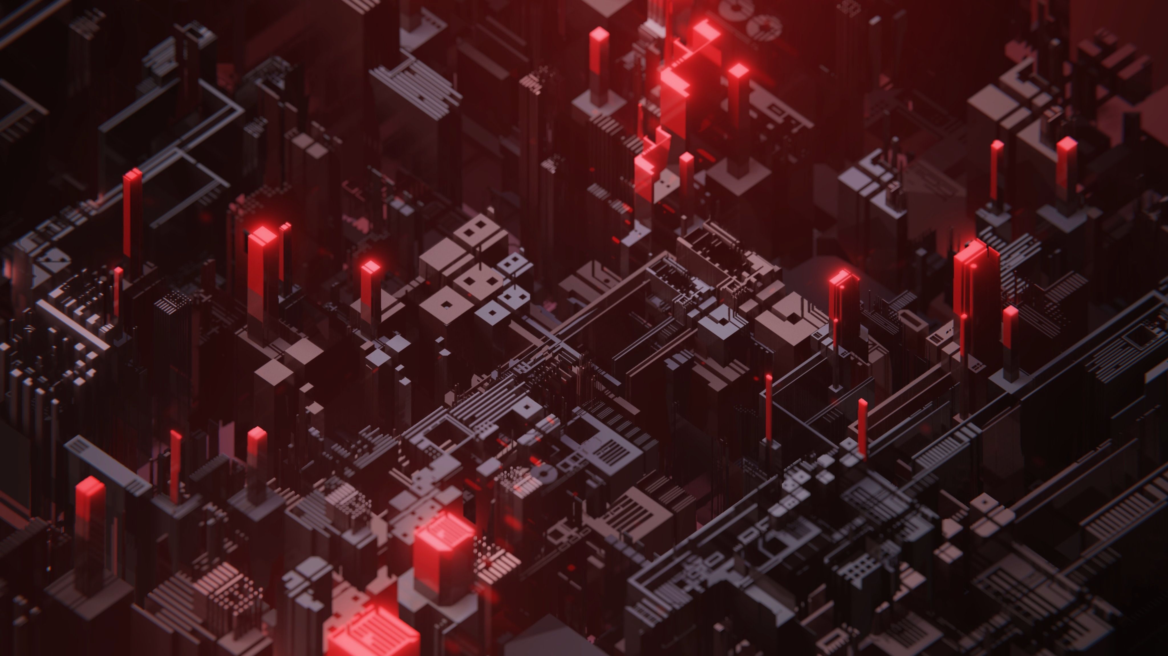 A #D render of a black and red computer chip that looks like buildings of a city skyline