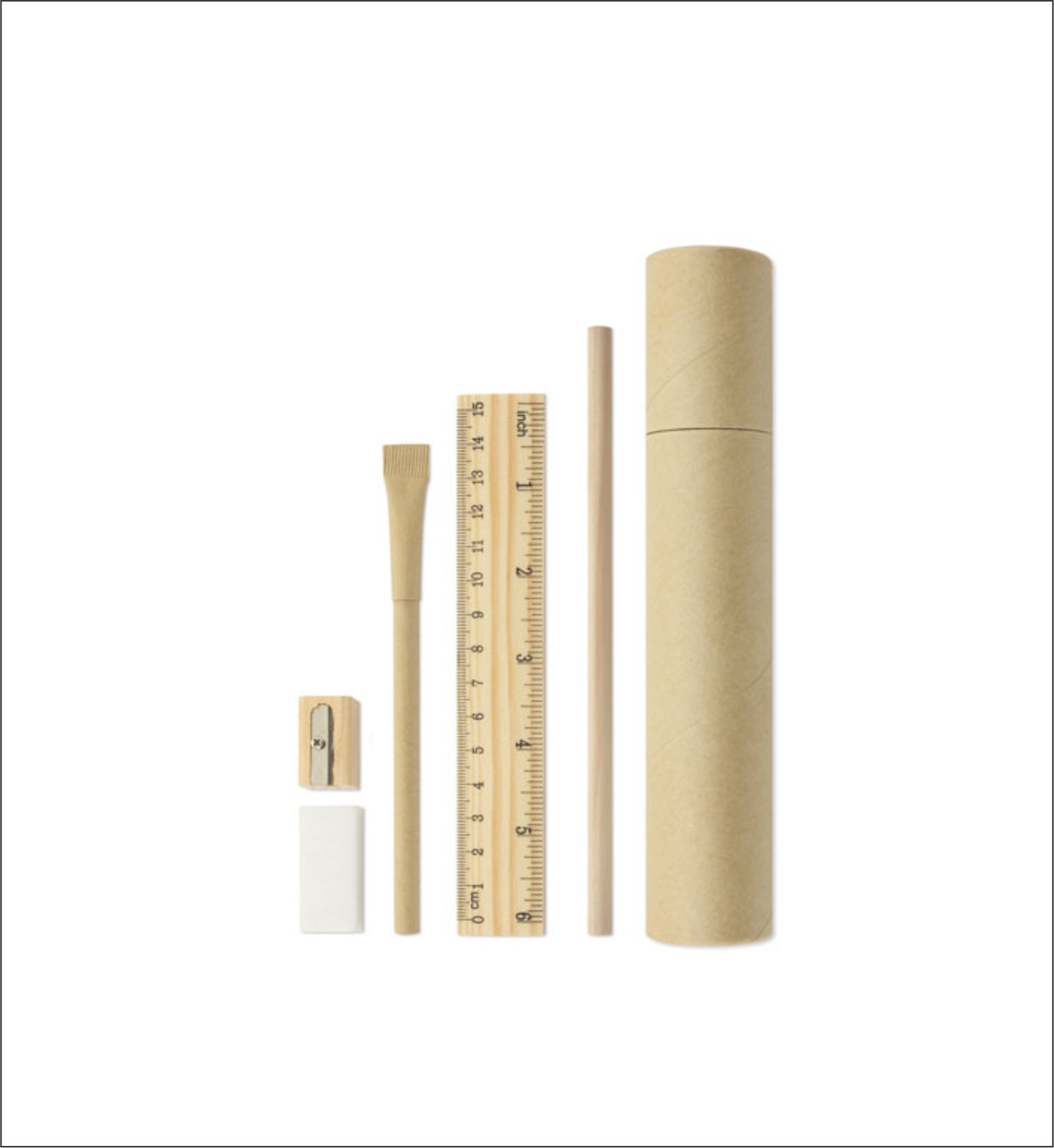 Σετ στυλό, μολύβι (χωρίς μύτη), γόμα, ξύστρα και χάρακα.