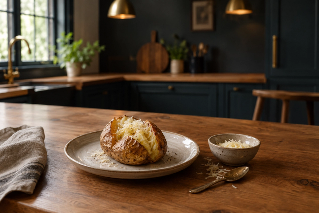 A split baked potato topped with grated cheese on a ceramic plate, beside a small bowl of cheese and a spoon on a timber kitchen bench.
