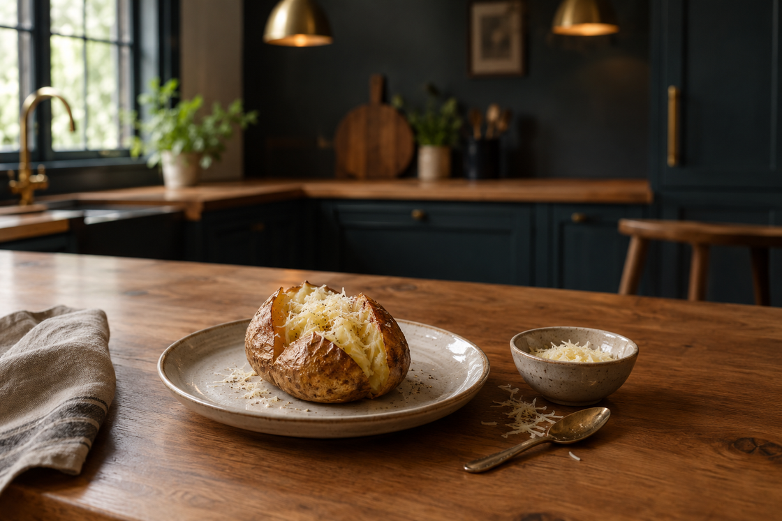 A split baked potato topped with grated cheese on a ceramic plate, beside a small bowl of cheese and a spoon on a timber kitchen bench.