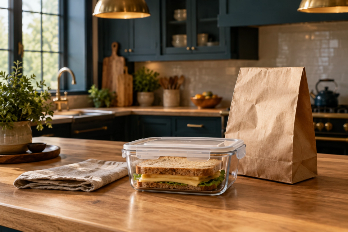 A sandwich in a clear lidded container beside a folded cloth and plain paper bag on a timber kitchen bench.